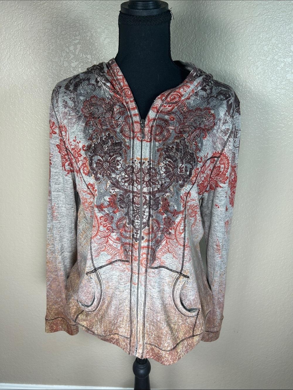 One World Floral Zip Hoodie Rust Gray Brown Women’s Large
